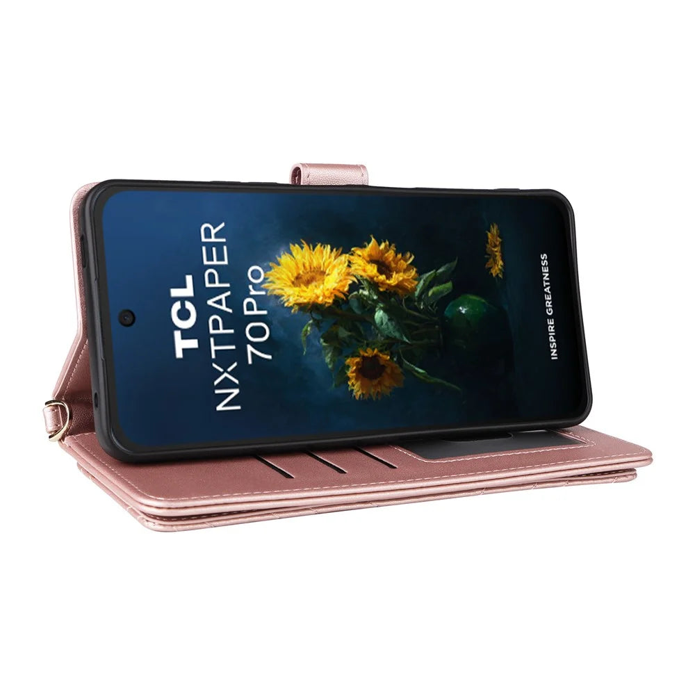For TCL NxtPaper 70 Pro 5G Leather Case Stand Wallet Phone Cover with Shoulder / Wrist Strap - Pink - 5