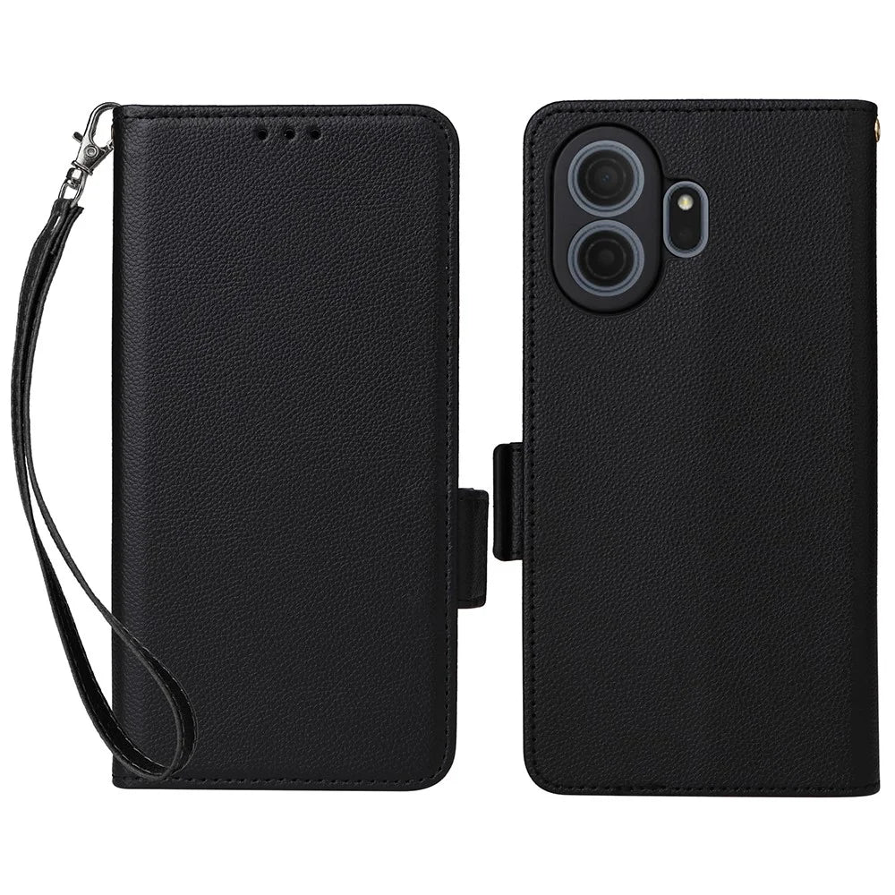 For TCL NxtPaper 70 Pro 5G Case Litchi Texture Wallet Leather Phone Cover with Wrist Strap - Black - 1