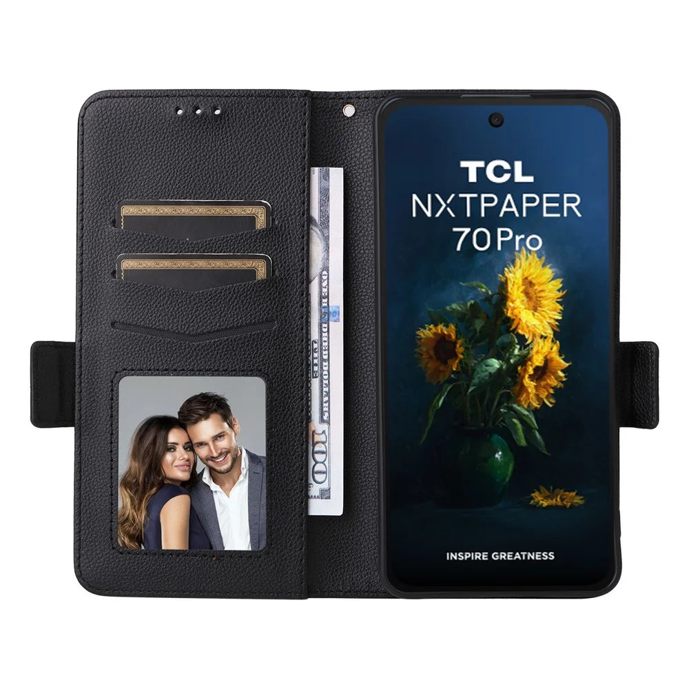 For TCL NxtPaper 70 Pro 5G Case Litchi Texture Wallet Leather Phone Cover with Wrist Strap - Black - 2