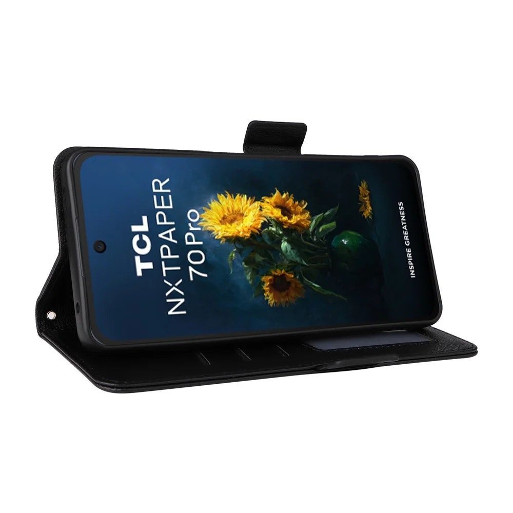 For TCL NxtPaper 70 Pro 5G Case Litchi Texture Wallet Leather Phone Cover with Wrist Strap - Black - 3