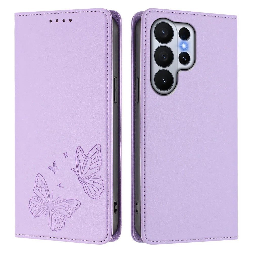 For Samsung Galaxy S26 Ultra Wallet Case RFID Blocking Butterfly Imprinted Magnetic Flip Leather Cover - Light Purple - 1