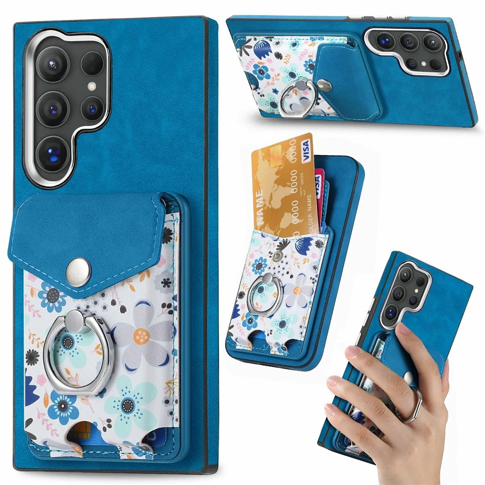 For Samsung Galaxy S26 Ultra Magnetic Case Flower Print Detachable Card Bag Ring Holder Leather Back Cover - Blue - 1