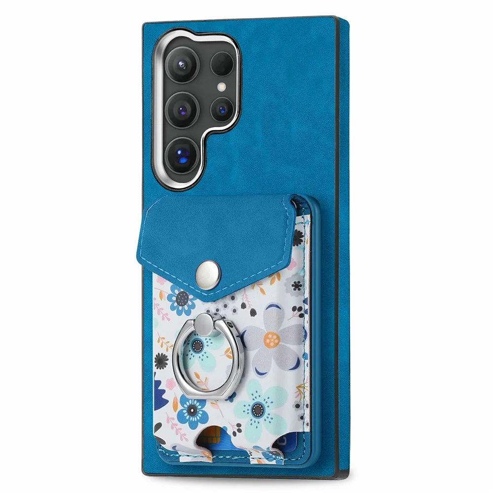 For Samsung Galaxy S26 Ultra Magnetic Case Flower Print Detachable Card Bag Ring Holder Leather Back Cover - Blue - 2