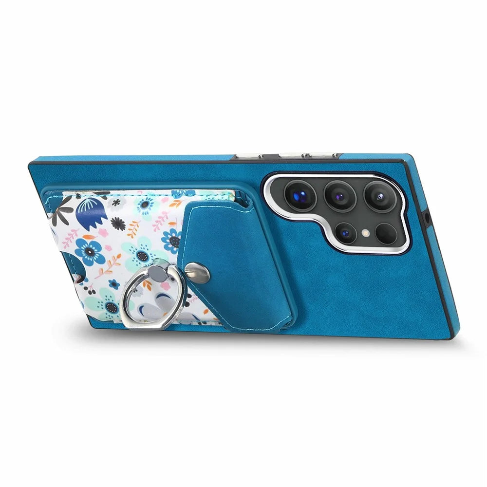 For Samsung Galaxy S26 Ultra Magnetic Case Flower Print Detachable Card Bag Ring Holder Leather Back Cover - Blue - 3