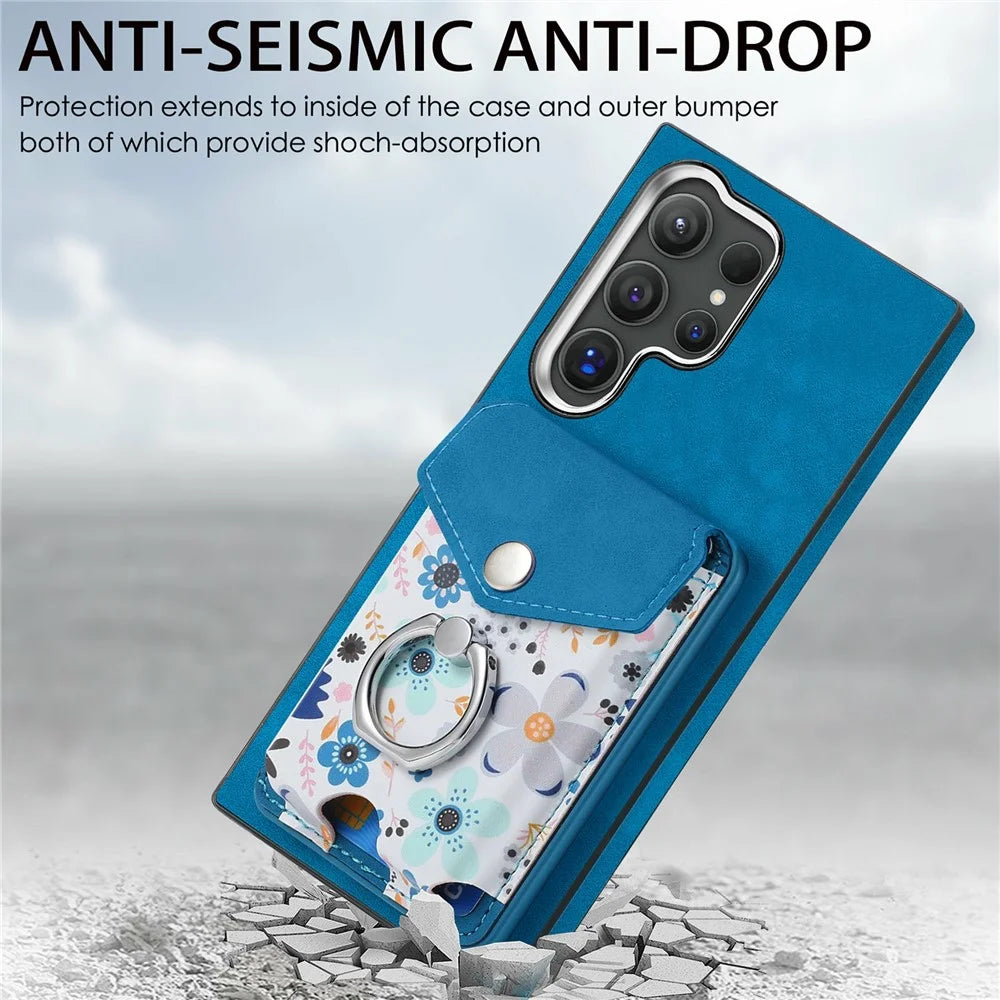 For Samsung Galaxy S26 Ultra Magnetic Case Flower Print Detachable Card Bag Ring Holder Leather Back Cover - Blue - 4