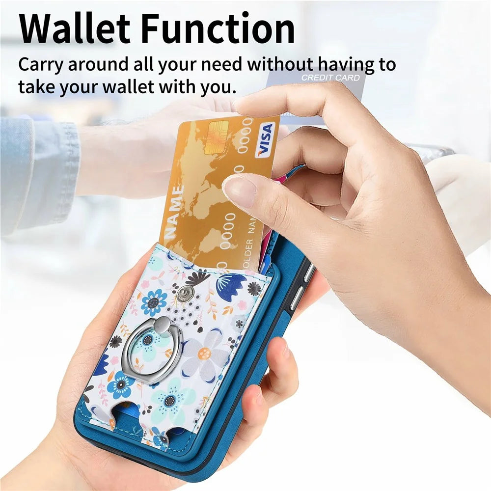 For Samsung Galaxy S26 Ultra Magnetic Case Flower Print Detachable Card Bag Ring Holder Leather Back Cover - Blue - 5