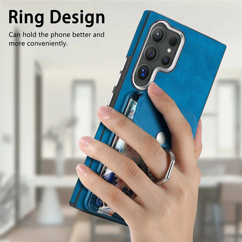 For Samsung Galaxy S26 Ultra Magnetic Case Flower Print Detachable Card Bag Ring Holder Leather Back Cover - Blue - 6
