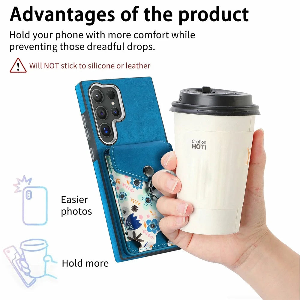 For Samsung Galaxy S26 Ultra Magnetic Case Flower Print Detachable Card Bag Ring Holder Leather Back Cover - Blue - 7