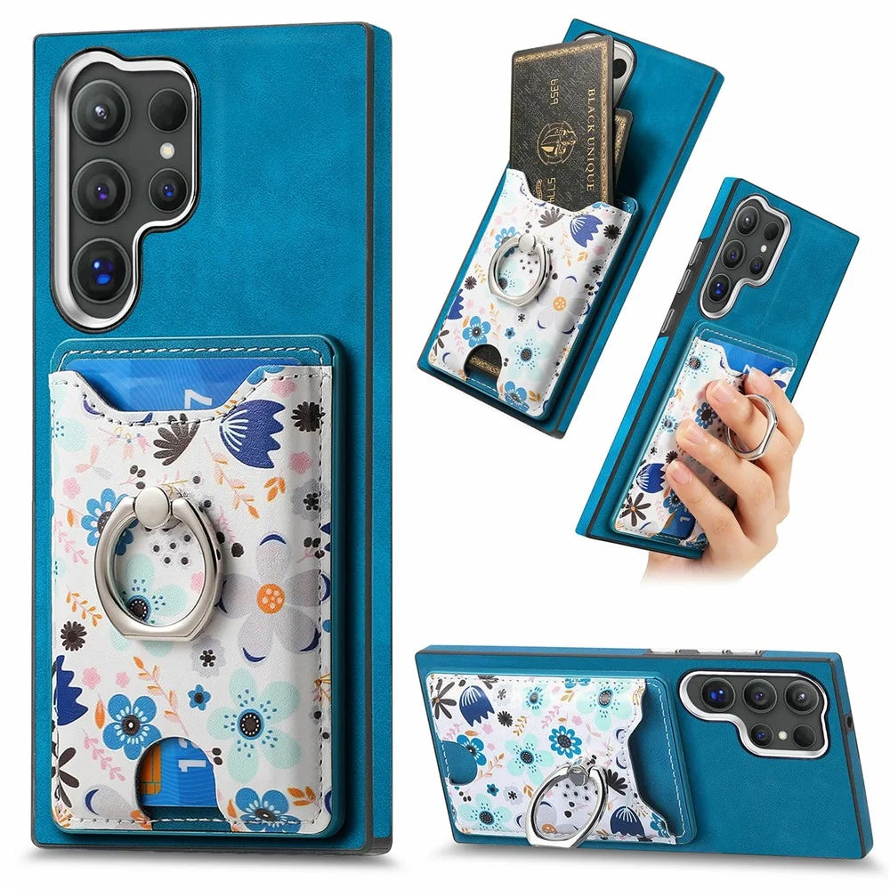 For Samsung Galaxy S26 Ultra Case with Card Holder and Kickstand Pattern Leather Back Cover - Blue - 1