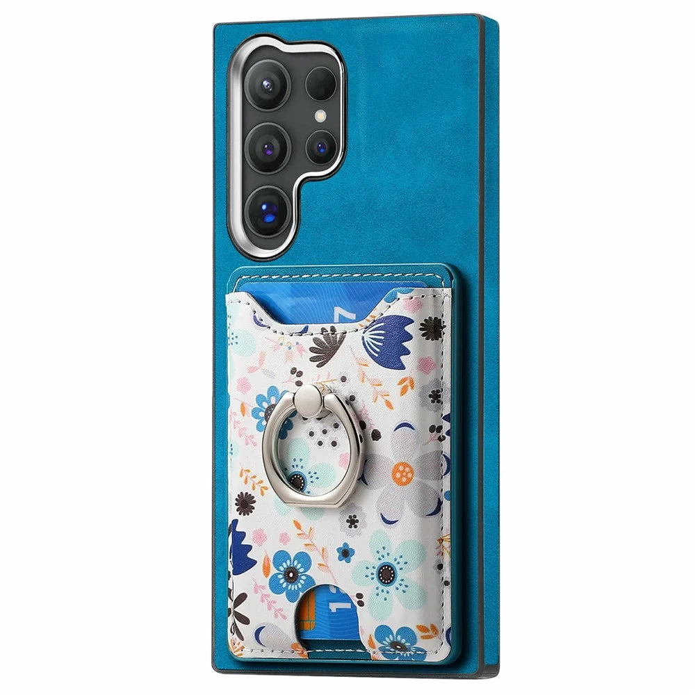 For Samsung Galaxy S26 Ultra Case with Card Holder and Kickstand Pattern Leather Back Cover - Blue - 2