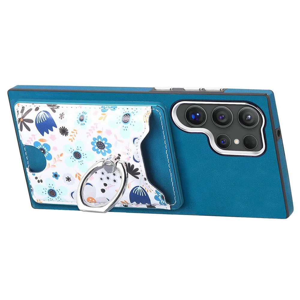 For Samsung Galaxy S26 Ultra Case with Card Holder and Kickstand Pattern Leather Back Cover - Blue - 3
