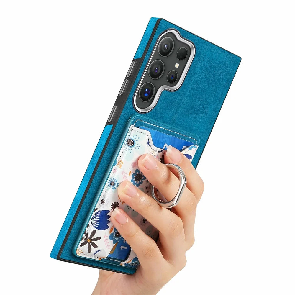 For Samsung Galaxy S26 Ultra Case with Card Holder and Kickstand Pattern Leather Back Cover - Blue - 4