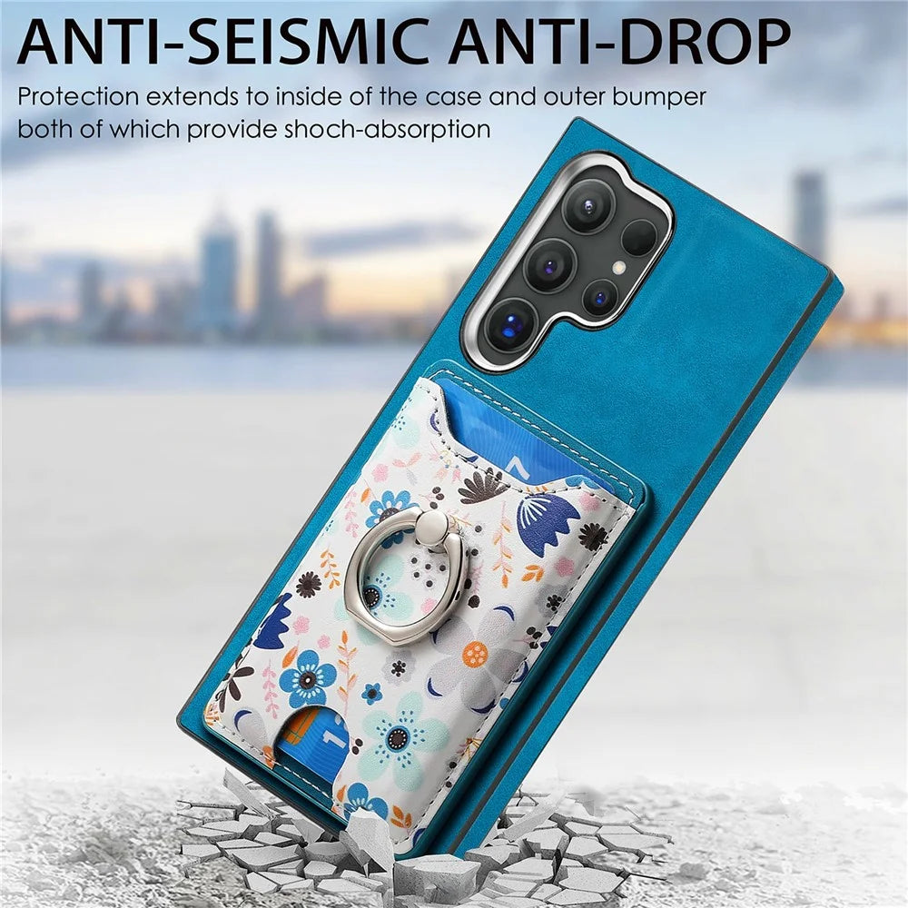 For Samsung Galaxy S26 Ultra Case with Card Holder and Kickstand Pattern Leather Back Cover - Blue - 5