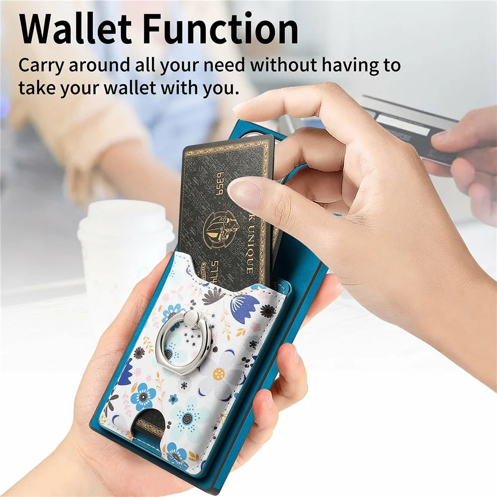 For Samsung Galaxy S26 Ultra Case with Card Holder and Kickstand Pattern Leather Back Cover - Blue - 6