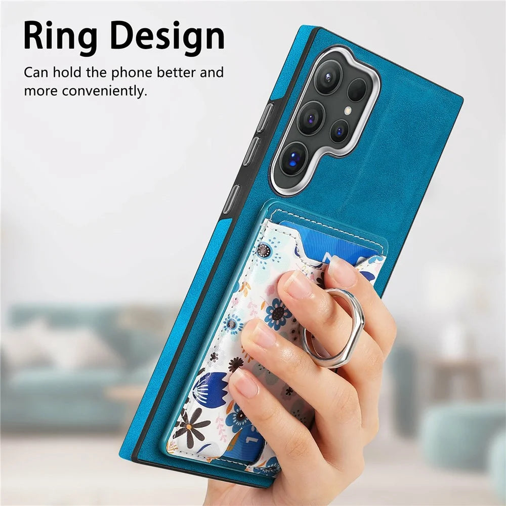 For Samsung Galaxy S26 Ultra Case with Card Holder and Kickstand Pattern Leather Back Cover - Blue - 7