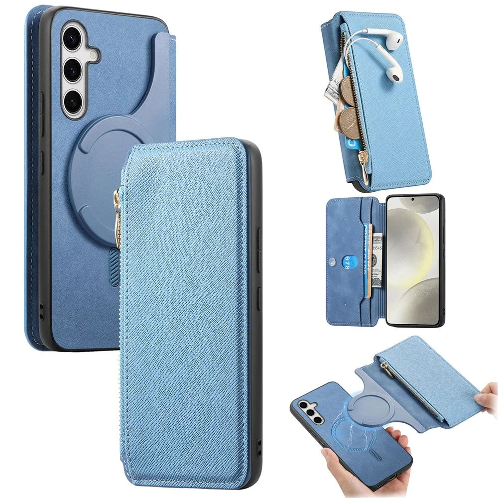 For Samsung Galaxy S26 Ultra Leather Case Cross Texture Detachable Magnetic Phone Cover Wallet Stand - Blue - 1