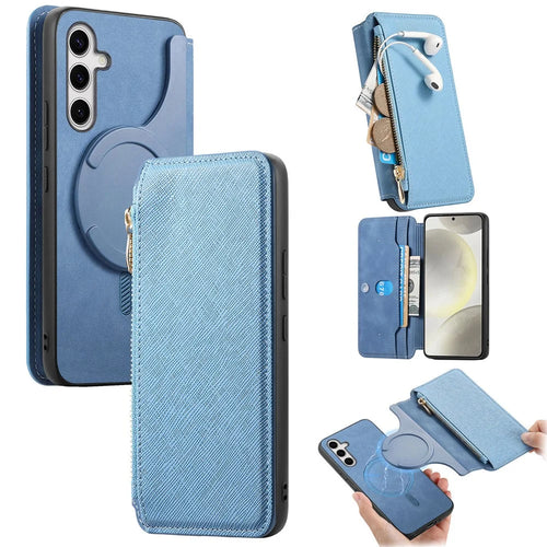 For Samsung Galaxy S26 Ultra Leather Case Cross Texture Detachable Magnetic Phone Cover Wallet Stand - Blue - 1