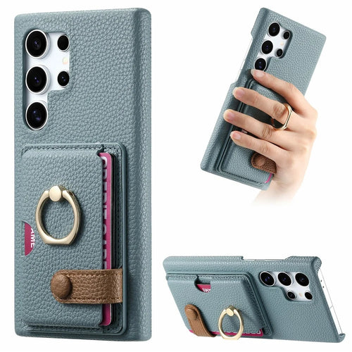 For Samsung Galaxy S26 Ultra Leather Phone Back Cover with Card Holder and Ring Kickstand - Baby Blue - 1
