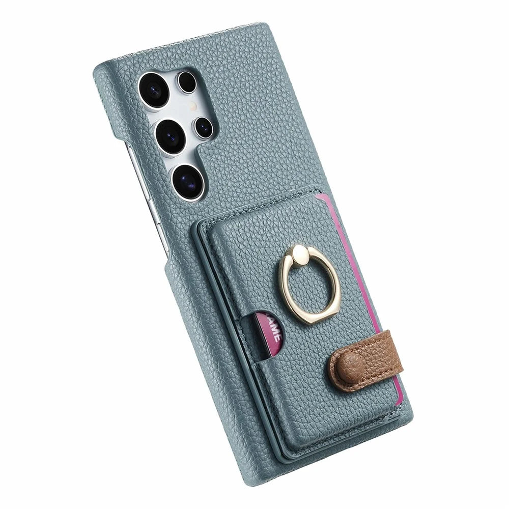 For Samsung Galaxy S26 Ultra Leather Phone Back Cover with Card Holder and Ring Kickstand - Baby Blue - 2