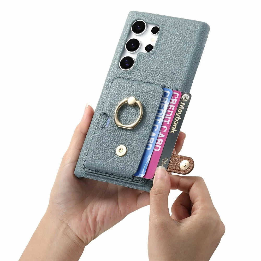 For Samsung Galaxy S26 Ultra Leather Phone Back Cover with Card Holder and Ring Kickstand - Baby Blue - 3