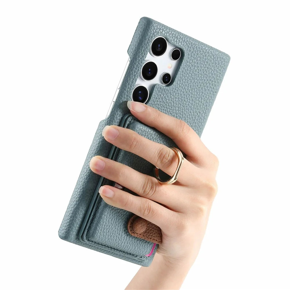 For Samsung Galaxy S26 Ultra Leather Phone Back Cover with Card Holder and Ring Kickstand - Baby Blue - 4