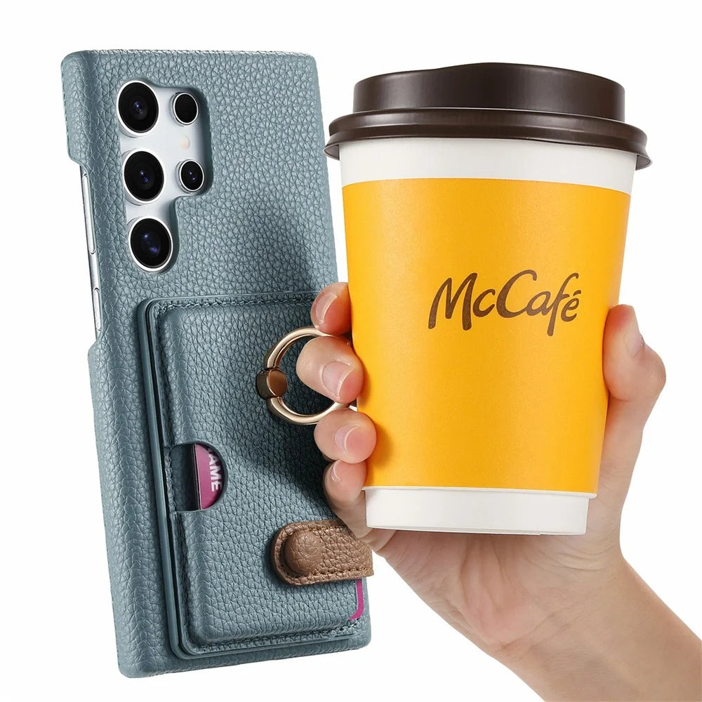 For Samsung Galaxy S26 Ultra Leather Phone Back Cover with Card Holder and Ring Kickstand - Baby Blue - 5