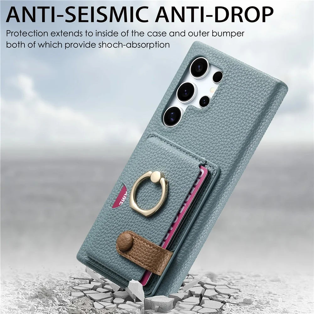 For Samsung Galaxy S26 Ultra Leather Phone Back Cover with Card Holder and Ring Kickstand - Baby Blue - 6