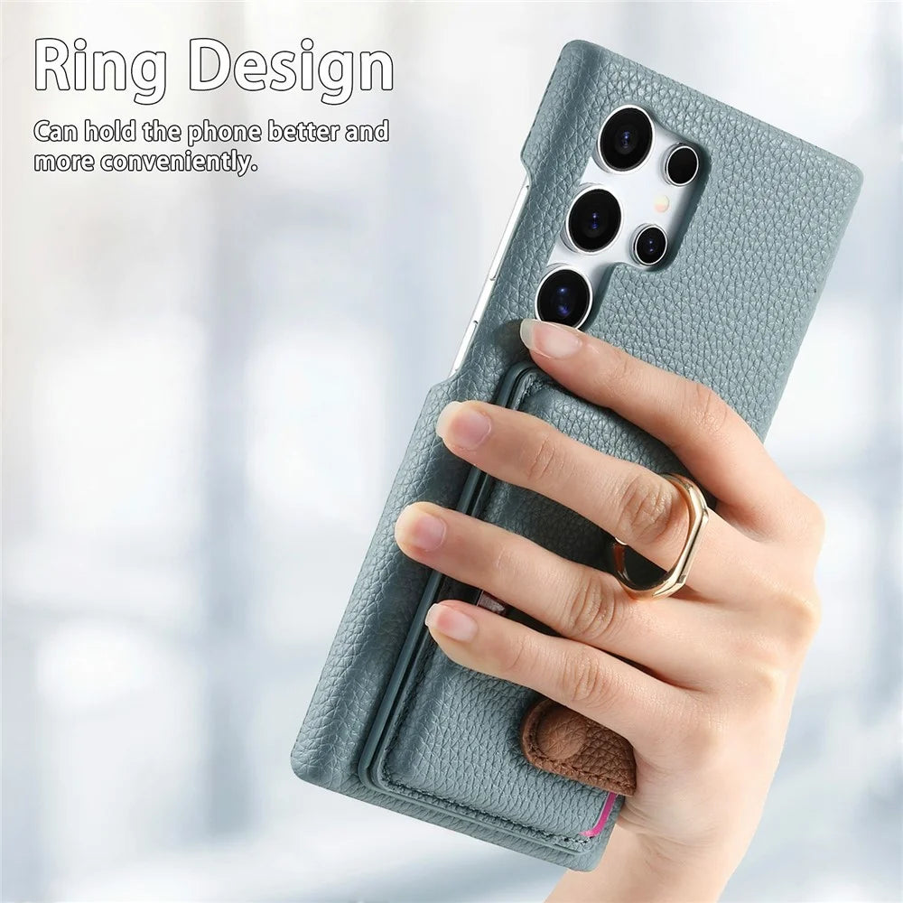 For Samsung Galaxy S26 Ultra Leather Phone Back Cover with Card Holder and Ring Kickstand - Baby Blue - 7