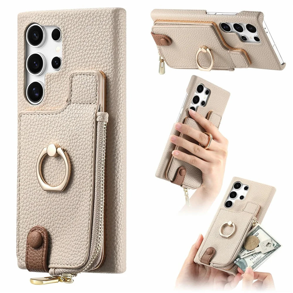 For Samsung Galaxy S26 Ultra Case RFID Blocking Phone Wallet Cover Supports Magnetic Car Holder - Khaki - 1