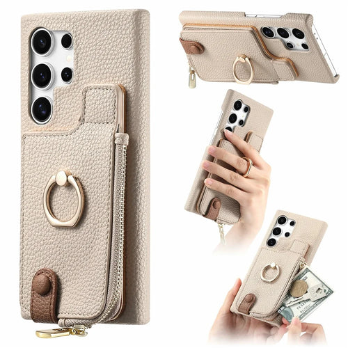 For Samsung Galaxy S26 Ultra Case RFID Blocking Phone Wallet Cover Supports Magnetic Car Holder - Khaki - 1