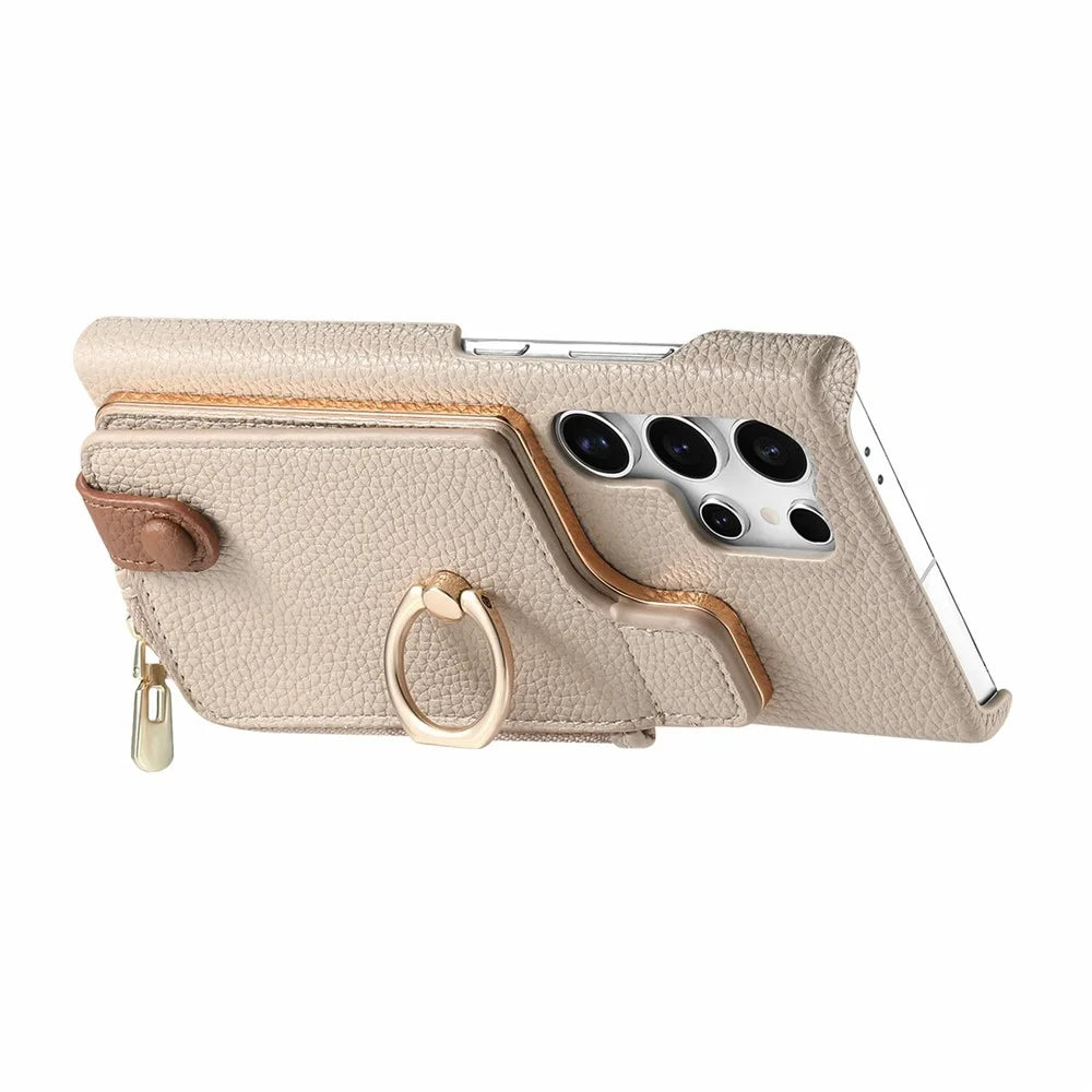 For Samsung Galaxy S26 Ultra Case RFID Blocking Phone Wallet Cover Supports Magnetic Car Holder - Khaki - 3