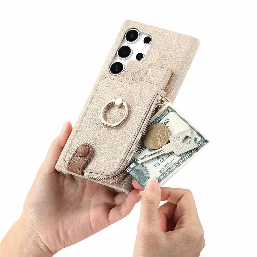 For Samsung Galaxy S26 Ultra Case RFID Blocking Phone Wallet Cover Supports Magnetic Car Holder - Khaki - 4