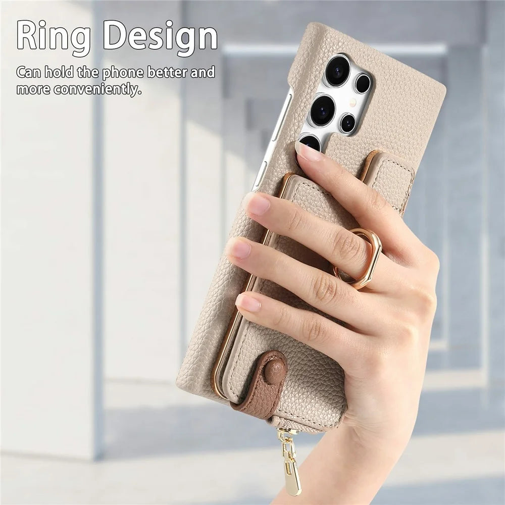 For Samsung Galaxy S26 Ultra Case RFID Blocking Phone Wallet Cover Supports Magnetic Car Holder - Khaki - 5