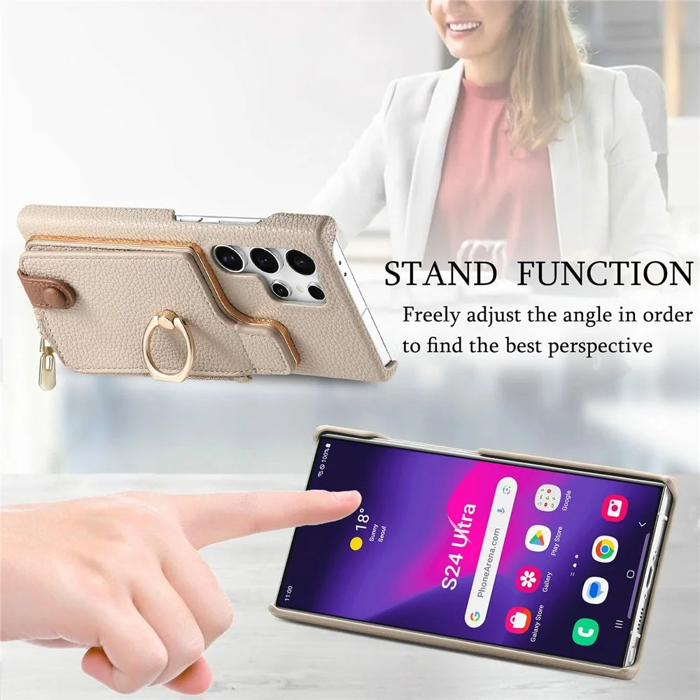 For Samsung Galaxy S26 Ultra Case RFID Blocking Phone Wallet Cover Supports Magnetic Car Holder - Khaki - 7