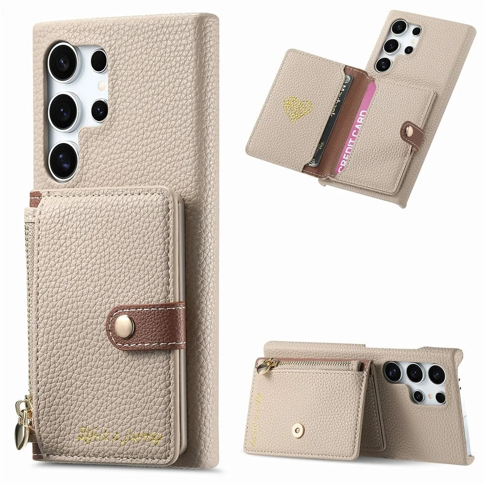 For Samsung Galaxy S26 Ultra Case with Zipper Card Holder Kickstand Litchi Grain Leather Back Cover - Khaki - 1