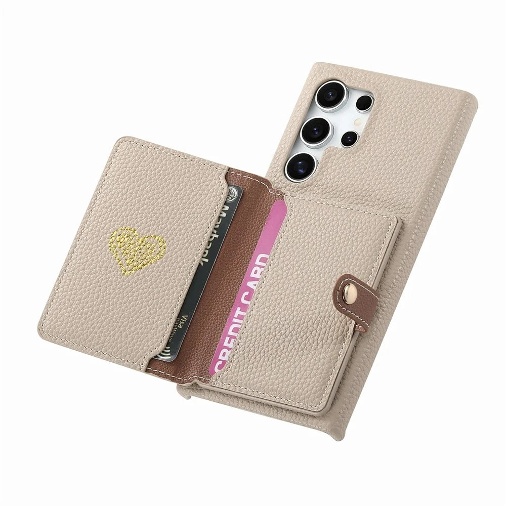 For Samsung Galaxy S26 Ultra Case with Zipper Card Holder Kickstand Litchi Grain Leather Back Cover - Khaki - 2