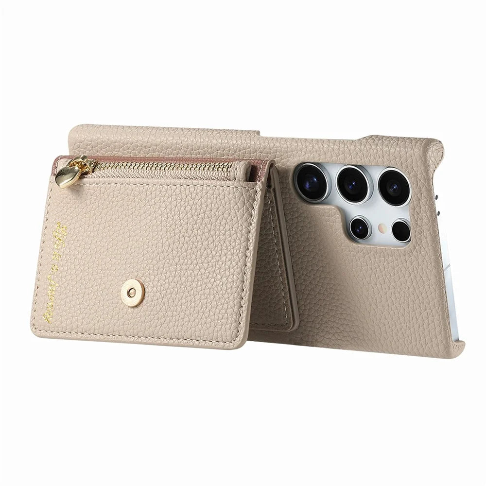 For Samsung Galaxy S26 Ultra Case with Zipper Card Holder Kickstand Litchi Grain Leather Back Cover - Khaki - 3