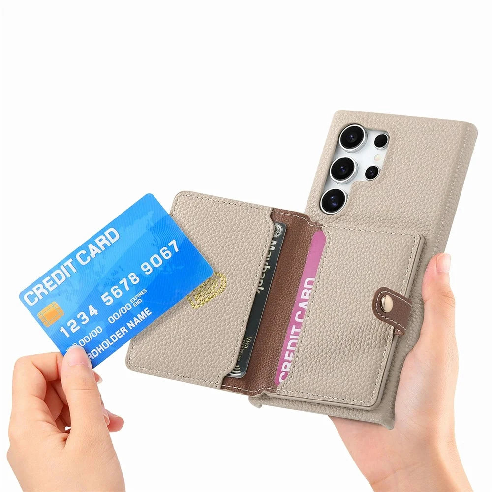 For Samsung Galaxy S26 Ultra Case with Zipper Card Holder Kickstand Litchi Grain Leather Back Cover - Khaki - 5