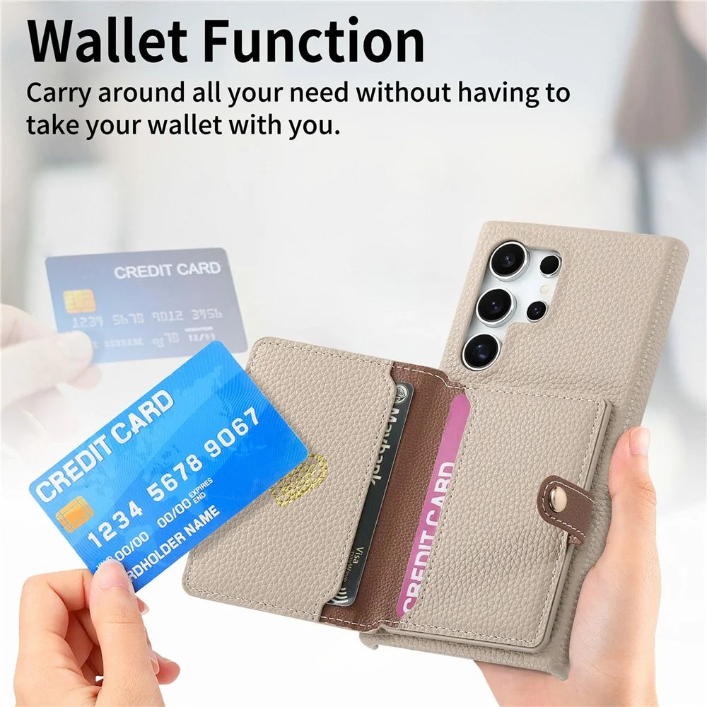 For Samsung Galaxy S26 Ultra Case with Zipper Card Holder Kickstand Litchi Grain Leather Back Cover - Khaki - 6