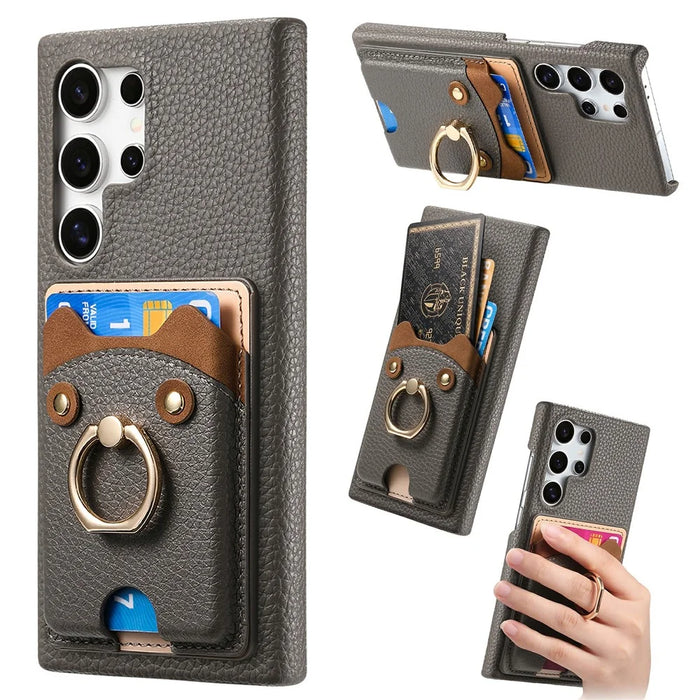 For Samsung Galaxy S26 Ultra PU Leather Phone Back Cover with Cute Bear Design Card Holder - Grey - 1