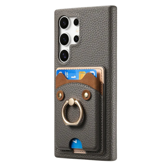 For Samsung Galaxy S26 Ultra PU Leather Phone Back Cover with Cute Bear Design Card Holder - Grey - 2