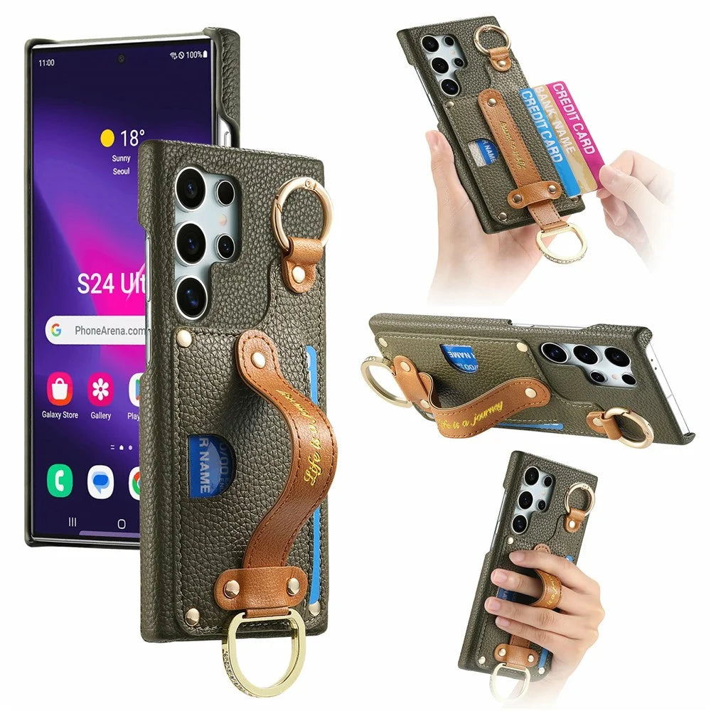 For Samsung Galaxy S26 Ultra Case Wristband Leather Back Cover with Card Holder - Midnight Green - 1