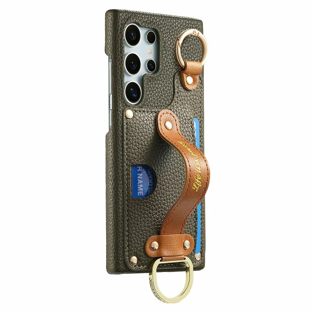 For Samsung Galaxy S26 Ultra Case Wristband Leather Back Cover with Card Holder - Midnight Green - 4