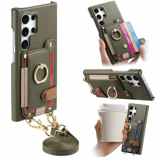 For Samsung Galaxy S26 Ultra Case Card Holder Ring Kickstand Leather + PC Phone Cover with Shoulder Strap - Midnight Green - 1