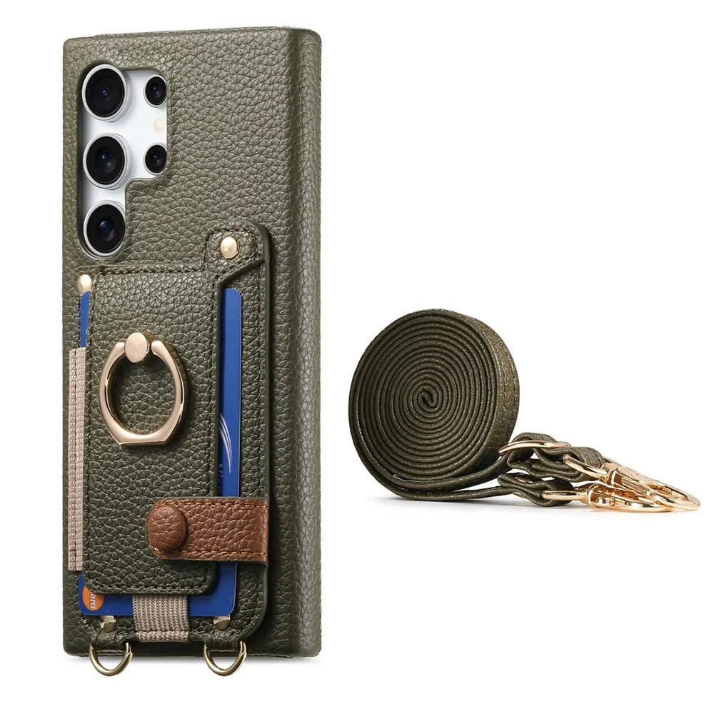 For Samsung Galaxy S26 Ultra Case Card Holder Ring Kickstand Leather + PC Phone Cover with Shoulder Strap - Midnight Green - 2