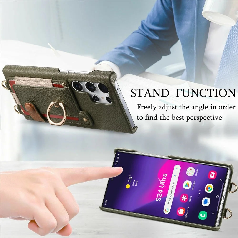 For Samsung Galaxy S26 Ultra Case Card Holder Ring Kickstand Leather + PC Phone Cover with Shoulder Strap - Midnight Green - 6
