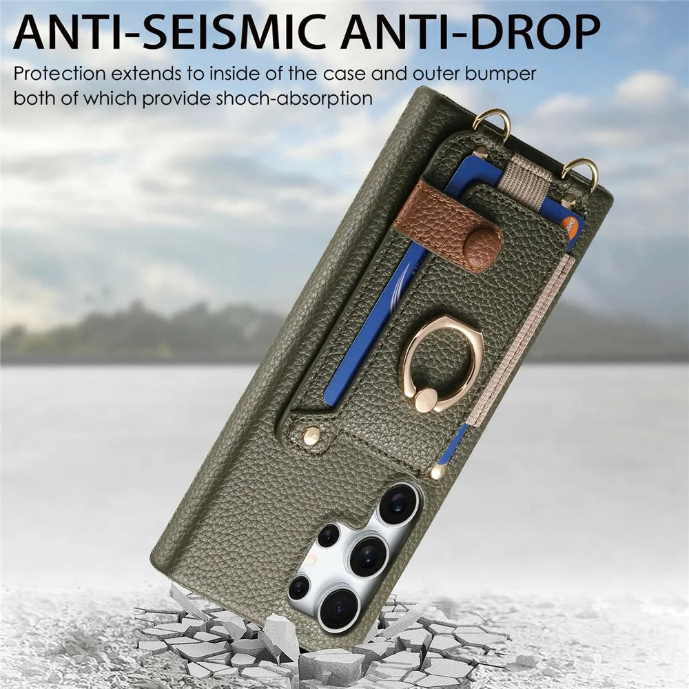 For Samsung Galaxy S26 Ultra Case Card Holder Ring Kickstand Leather + PC Phone Cover with Shoulder Strap - Midnight Green - 7