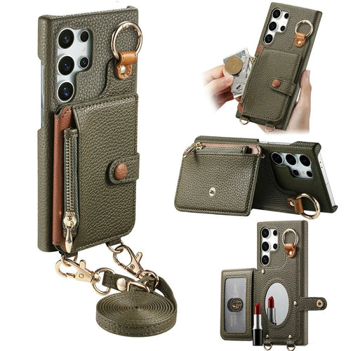 For Samsung Galaxy S26 Ultra Leather Phone Back Cover Zipper Card Holder Kickstand with Mirror and Long Strap - Green - 1