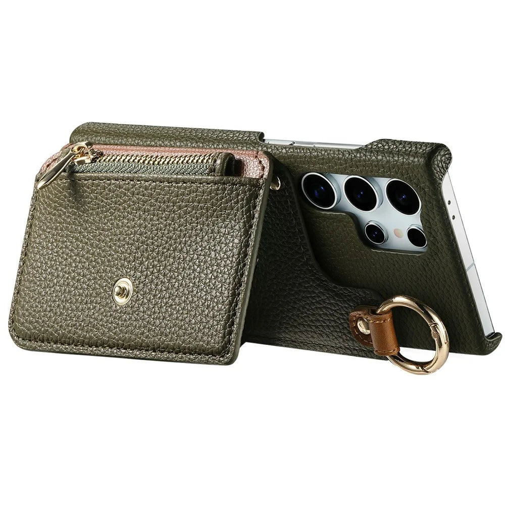 For Samsung Galaxy S26 Ultra Leather Phone Back Cover Zipper Card Holder Kickstand with Mirror and Long Strap - Green - 2
