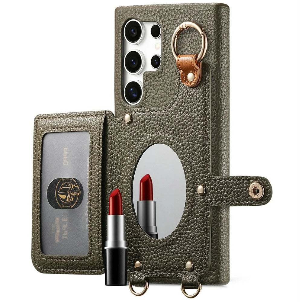For Samsung Galaxy S26 Ultra Leather Phone Back Cover Zipper Card Holder Kickstand with Mirror and Long Strap - Green - 3